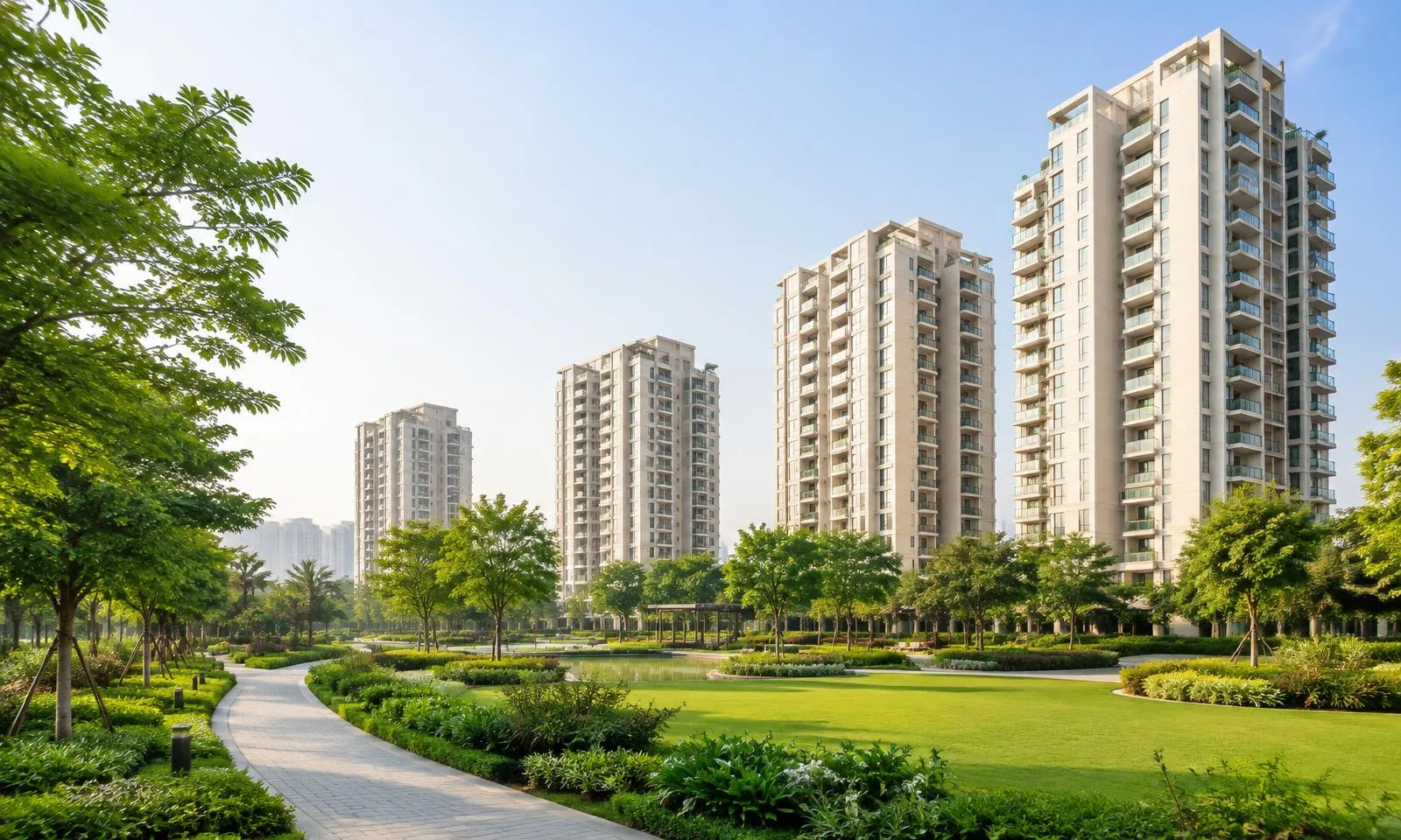 Illustrative residential towers and green landscaping; not an actual Sector 86 development